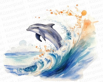 Dolphin Watercolor Clipart, Nursery Decor, Dolphin in Water, Playful Dolphin Animal - DIGITAL DOWNLOAD Commercial Use