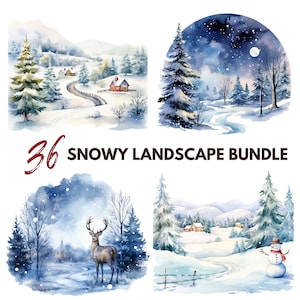 Snow Landscape Bundle Watercolor Snow Bundle Watercolor Winter Bundle Landscape in Snow Watercolor PNG JPG Digital Download Commercial Use*