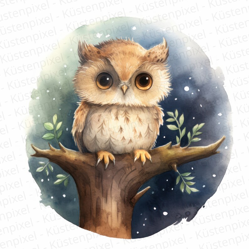 Owl Watercolor Clipart, Nursery Decor, Owl on a Tree, Cute Baby Animal ...