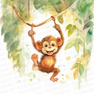 Affe Aquarell Clipart, Kinderzimmer Dekor, hängender Affe im Baum, Süßes Baby Tier Affenjunges - DIGITALER DOWNLOAD kommerzielle Nutzung
