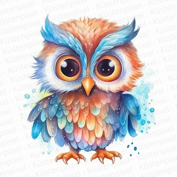 Owl Watercolor Clipart, Nursery Decor, Super Cute Owl, Big Eyes, Cute Baby Animal Boy Owl DIGITAL DOWNLOAD Commercial Use