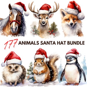Pacote de animais com chapéu de Papai Noel em aquarela Pacote de animais de Natal em aquarela Chapéu de animais PNG e JPG Download digital para uso comercial *