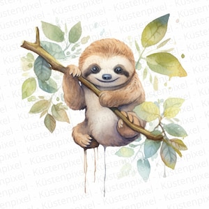 Sloth Watercolor Clipart, Nursery Decor, Sloth on Branch, Cute Baby Animal Sloth Cub - DIGITAL DOWNLOAD Commercial Use