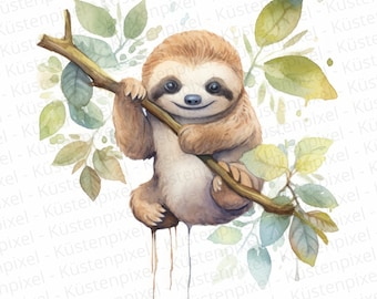 Sloth Watercolor Clipart, Nursery Decor, Sloth on Branch, Cute Baby Animal Sloth Cub - DIGITAL DOWNLOAD Commercial Use
