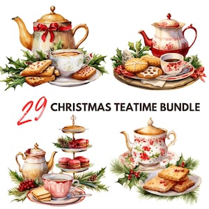 Könnte beinhalten: Aquarellillustrationen von Weihnachtsteetassen, Teekannen, Keksen und Stechpalmen. Das Bild enthält den Text "29 Christmas Teatime Bundle". Die Teekannen haben goldene Akzente und rote Schleifen.