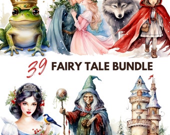 May include: A watercolor illustration bundle of 39 fairy tale characters and scenes. The illustrations include a frog prince, a wolf, a princess, a witch, a castle, and a girl in a red hood.
