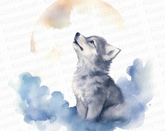 Wolf watercolor clipart, nursery decor, wolf on cloud, cute baby animal wolf cub - DIGITAL DOWNLOAD commercial use