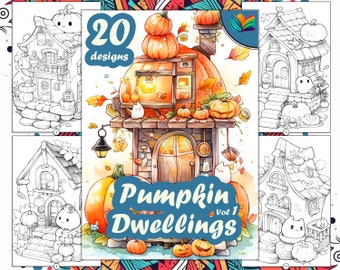 Halloween Coloring Pages for Adults in Kawaii Style featuring 20 Cute Pumpkin Dwellings, Printable Coloring Pages, Instant Download - Vol.1