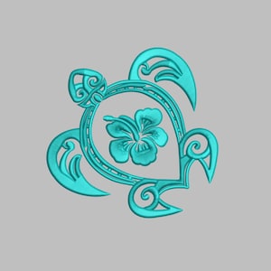 May include: A turquoise blue stylized sea turtle with a hibiscus flower in the center of its shell.