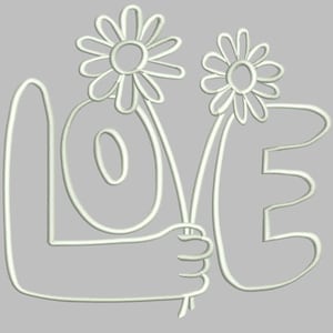 May include: White outline drawing of the word "LOVE" with two stylized flowers.