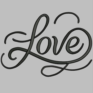 Może przedstawiać: Czarno-biała ilustracja słowa "Love" napisanego kursywą z ozdobnymi zawijasami.