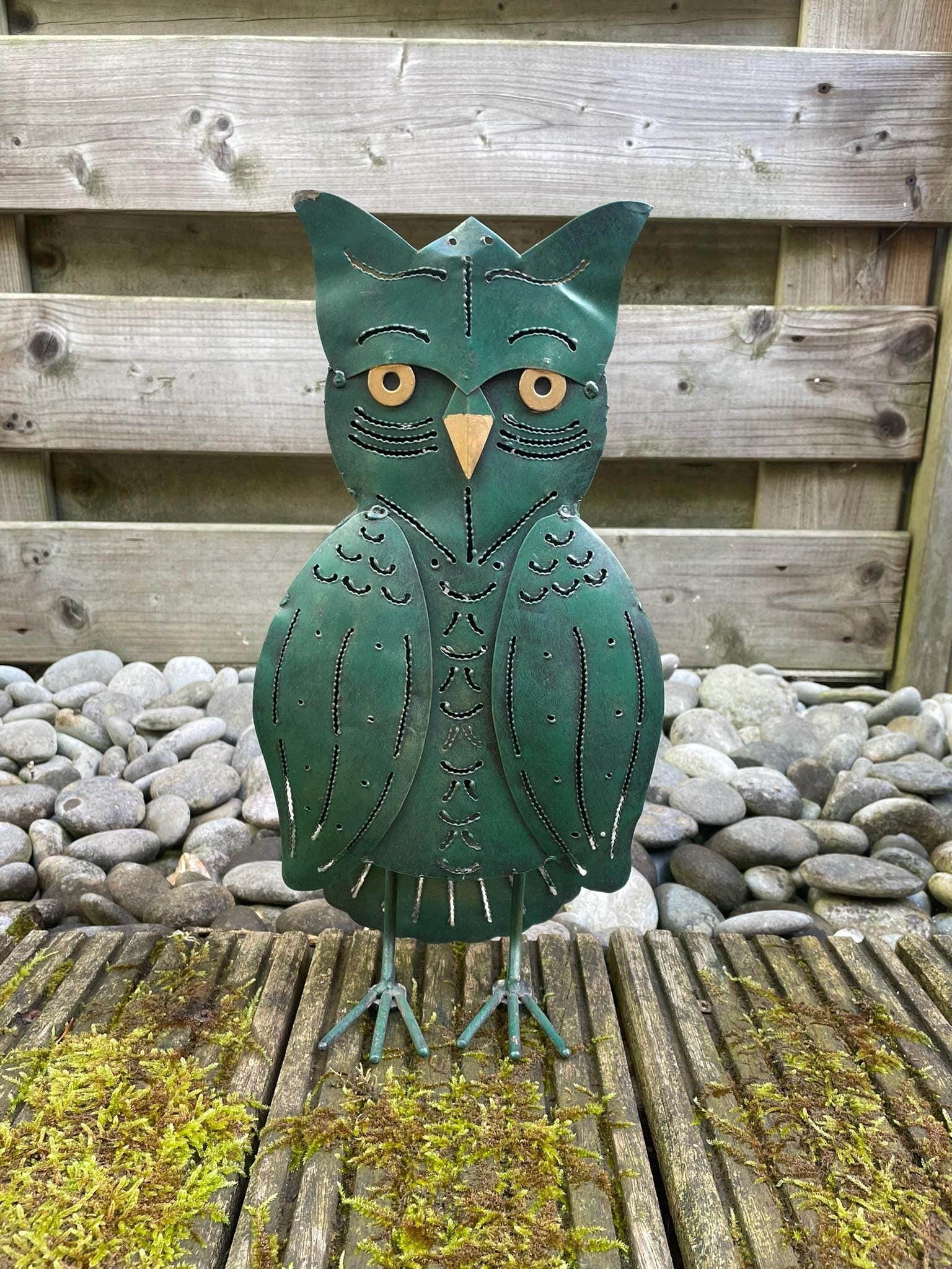 Forest green & gold whimsical tin owl sculpture candle holder/lantern for indoor or outdoor