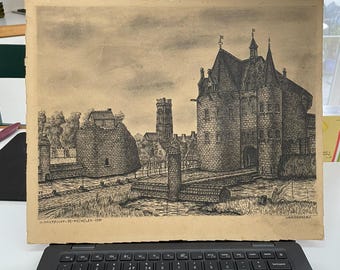 Pintura vintage de paisaje urbano de carbón de Winketpoort-Te-Mechelen de Van Dooren C.