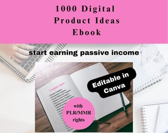 Könnte beinhalten: Ein rosa Hintergrund mit dem Text "1000 Digital Product Ideas Ebook" und "start earning passive income". Ein offenes Notizbuch mit dem Text "Template ideas" und einer Liste von Vorlagenideen ist sichtbar. Ein rosa Kreis mit dem Text "with PLR/MMR rights" ist sichtbar. Ein schwarzes Rechteck mit dem Text "Editable in Canva" ist sichtbar.