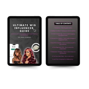 May include: A guide for wig influencers with a table of contents listing topics such as building your brand, content creation, growing your audience, and monetization strategies. The guide features two women wearing wigs and a phone screen showing a social media post with the text "$6.24k".