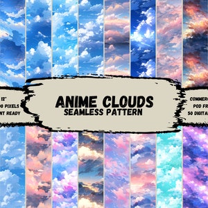 Anime Clouds Pattern Bundle, 50 digital Papers, Printable, Instant Download, Commercial use