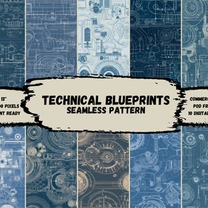 Technical Blueprints Digital Paper - Set of 20 High-Quality Printable Designs, Commercial Use