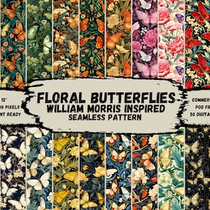 Florale Schmetterlinge William Morris inspirierte Muster Bundle, 50 digitale Papiere, druckbar, Sofort Download, kommerzielle Nutzung