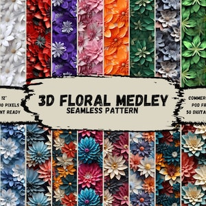 3D Floral Medley Pattern Bundle, 50 digital Papers, Printable, Instant Download, Commercial use