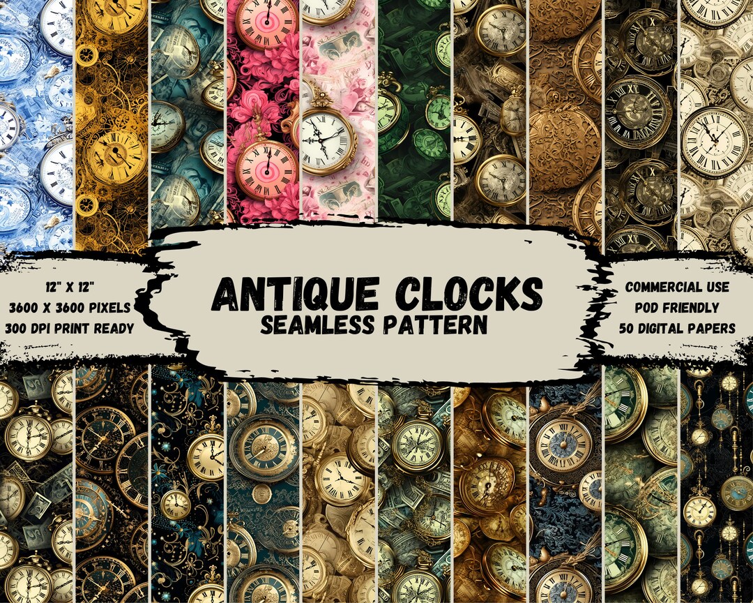 Antique Clocks Pattern Bundle, 50 Digital Papers, Printable, Instant ...