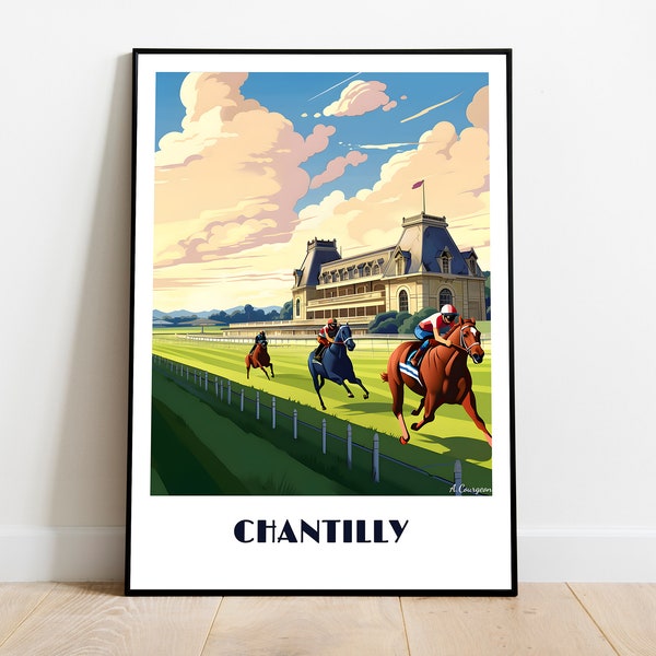 Affiche de CHANTILLY fait main (wall art, retro travel poster, framed France home made decor gift, vector illustration print painting, oise)