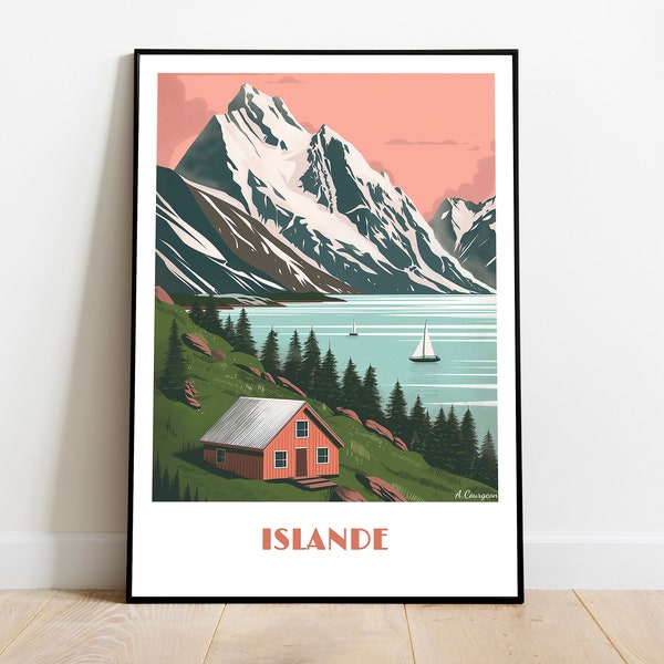 Handmade ICELAND poster (wall art, retro travel poster, framed France home made decor gift, illustration, print art)