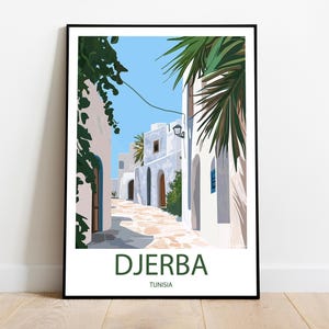 Handmade DJERBA TUNISIA poster -  wall art modern travel poster framed birthday home made decor gift vector illustration print painting