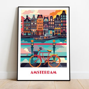 Colorful Handmade AMSTERDAM Poster -  wall art retro travel poster framed birthday home made decor gift illustration, print art  custom text