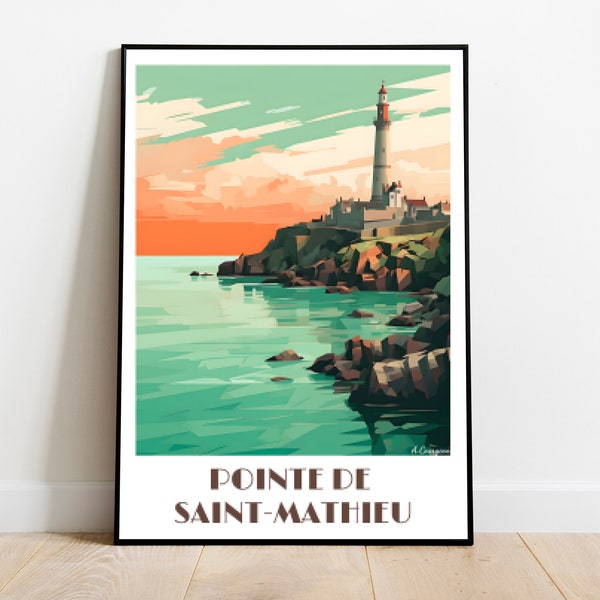 Affiche de voyage de La pointe de SAINT-MATHIEU fait main pour les amoureux d'art vintage (Bretagne Cadeau décoration murale travel print)