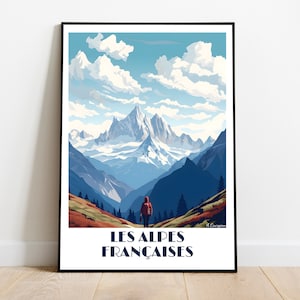 Handmade French Alps Travel Poster for Vintage Art Lovers (Travel Print Art Wall Decor Gift  personalized gift custom text birthday dad