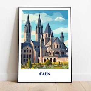 Handmade poster of CAEN and its Saint-Étienne Church -  wall art modern travel poster framed birthday home made decor gift illustration