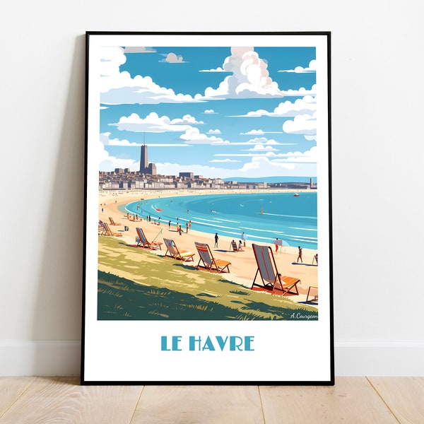 Affiche du HAVRE fait main (wall art, retro travel poster, framed France home made decor gift, vector illustration print painting)