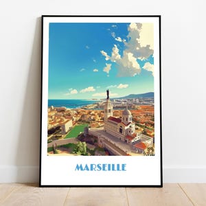 MARSEILLE and Notre Dame de la Garde poster - handmade -  wall art modern travel poster framed birthday home made decor gift illustration