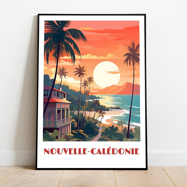 Affiche de NOUVELLE-CALEDONIE fait main (wall art, retro travel poster, framed France home made decor gift, vector illustration print)