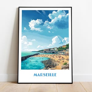 MARSEILLE and the Prophet's Beach poster - handmade -  wall art modern travel poster framed birthday home made decor gift illustration