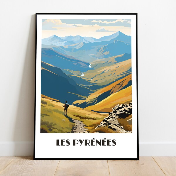 Affiche des PYRENNEES fait main (wall art, retro travel poster, framed France home made decor gift, vector illustration print painting)
