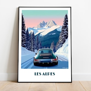 ALPS poster with a vintage 911 porch handmade -  wall art modern travel poster France Italy home decor gift illustration print  custom text