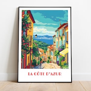 Handmade CÔTE D'AZUR poster -  wall art modern travel poster framed birthday home made decor gift vector illustration print painting  custom