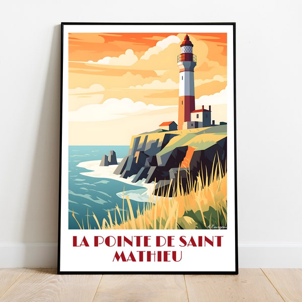 Affiche de voyage de La pointe de SAINT-MATHIEU fait main pour les amoureux d'art vintage (Bretagne Cadeau décoration murale travel print)