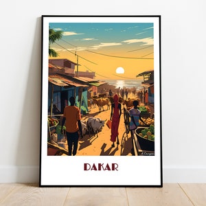 Poster DAKAR fatto a mano - poster da viaggio retrò con cornice artistica in Senegal, decorazioni fatte in casa, illustrazione vettoriale, stampa, pittura, testo personalizzato