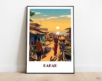 Handmade DAKAR poster (wall art, retro travel poster, framed Senegal home made decor gift, vector illustration print painting)