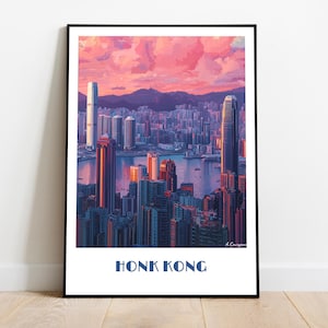 Handmade poster of HONK KONG in China -  wall art modern travel poster framed Sha tin home made decor gift illustration print painting