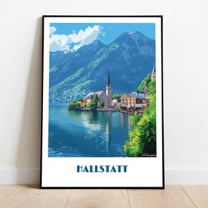 Hallstatt Austria handmade poster -  wall art modern travel poster framed birthday home made decor gift illustration print painting  custom