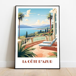 Handmade LA COTE D'AZUR poster -  wall art retro travel poster framed birthday home made decor gift vector illustration print painting