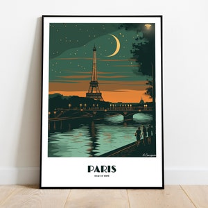 PARIS at night poster with Eiffel tower handmade -  wall art retro travel poster framed birthday home made decor gift illustration  custom