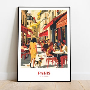 PARIS and its cafes handmade poster -  wall art retro travel poster framed birthday home made decor gift vector illustration print  custom