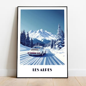 ALPS poster with a vintage 911 porch handmade -  wall art modern travel poster France Italy home decor gift illustration print  custom text