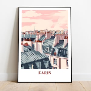 Affiche de PARIS sous les toits fait main (wall art, modern travel poster, framed France home made decor gift, vector illustration print)