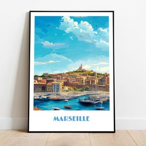 MARSEILLE and the old Port poster - handmade -  wall art modern travel poster framed birthday home made decor gift illustration  custom text