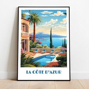Handmade LA COTE D'AZUR poster -  wall art retro travel poster framed birthday home made decor gift vector illustration print painting